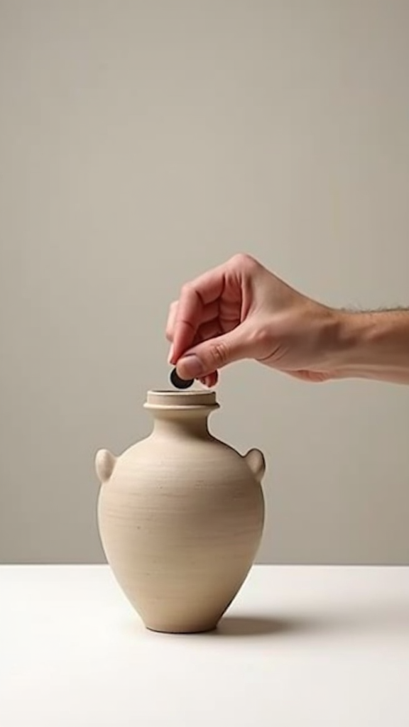 A hand delicately places a coin into a vintage-style ceramic jar with small handles on a smooth, light-colored surface.