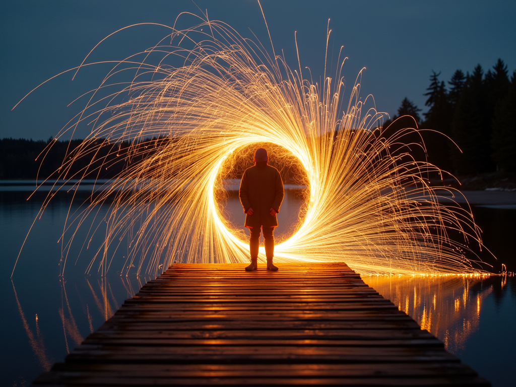 A person stands on a pier, silhouetted against a swirling display of golden sparks, resembling a radiant portal over calm water.