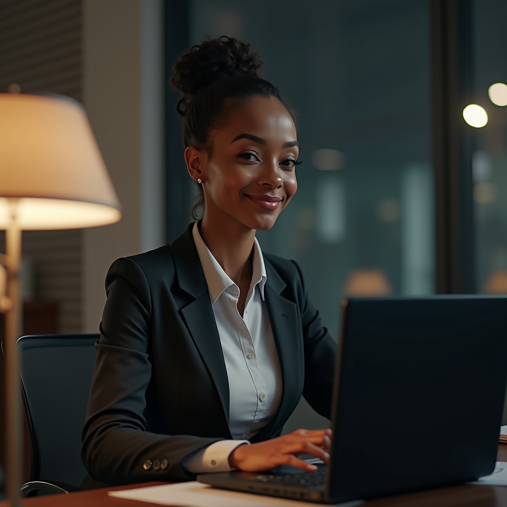 A professional woman in a suit working on a laptop in a modern office setting.