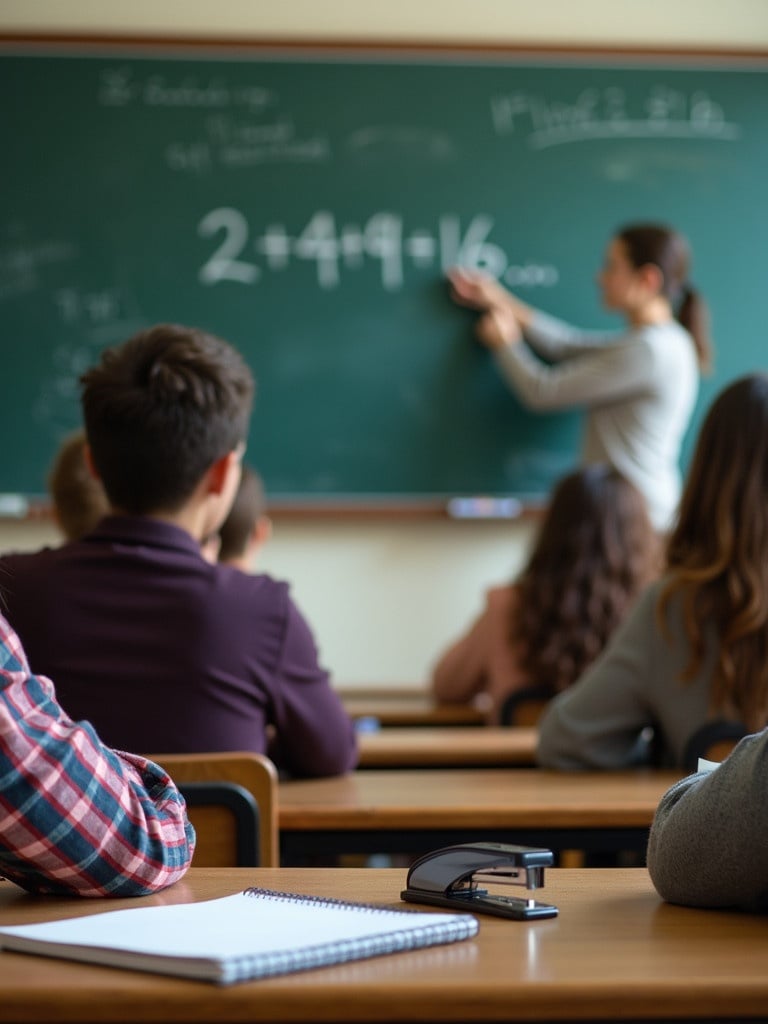 Classroom scene with multiple students watching a teacher. The teacher is writing an equation on a green blackboard. Focus is on the interaction between the teacher and students. A stapler and a notebook are on the front desk.