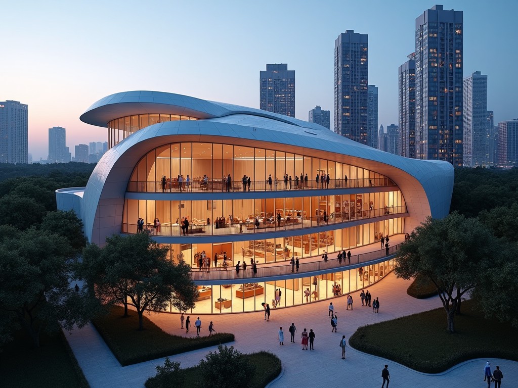 The image showcases a modern theater complex set against a skyline of tall buildings. This architectural design features a large glass facade, allowing views of the interior spaces. The structure has an innovative shape, with flowing lines and multiple levels. Onlookers can see people on the balconies and terraces, indicating lively activity within the building. The scene appears to be captured during twilight, with the soft glow of lights illuminating the complex. Surrounding the building, there are trees and pathways, providing a welcoming environment for visitors.