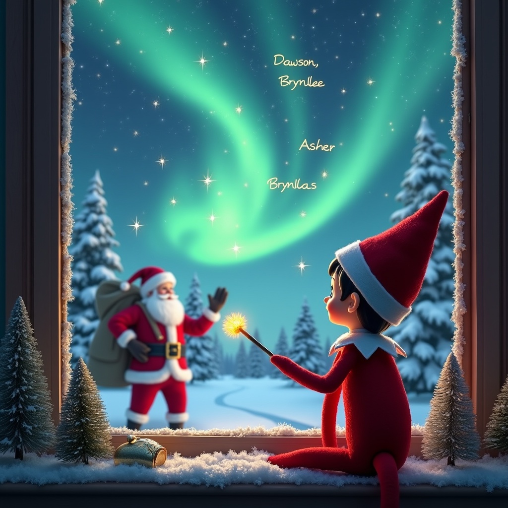 The image depicts a whimsical holiday scene featuring an elf on the shelf sitting by a window. The elf, dressed in a red outfit, is utilizing a wand to inscribe the names 'Dawson', 'Brynlee', and 'Asher' in the shimmering sky. Outside the window, Santa Claus waves cheerfully amidst a backdrop of snowy trees and vibrant northern lights. The enchanting atmosphere is filled with festive cheer and warmth, capturing the essence of the holiday season. This setting is designed to invoke feelings of joy and nostalgia, perfect for Christmas celebrations.