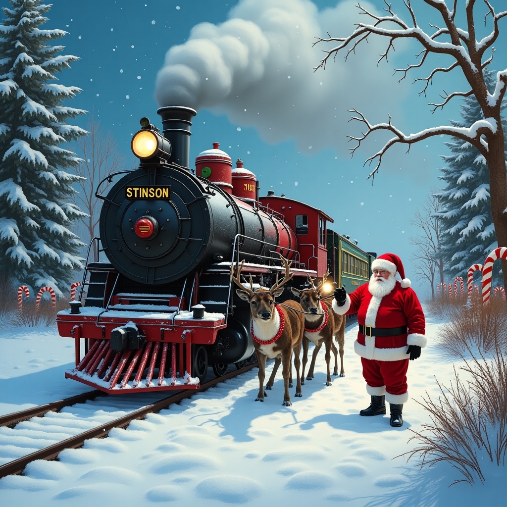 The scene depicts a snowy winter landscape at the North Pole. A classic steam train reminiscent of the Polar Express is making its way through this whimsical setting. Candy cane decorations line the tracks, enhancing the magical atmosphere. Santa, in his traditional red suit, stands by the sleigh beside the train, focused on writing the name Stinson. Elves dressed in vibrant red and green are busy loading the sleigh with toys for girls and boys, alongside the patiently waiting reindeer, completing this festive tableau.