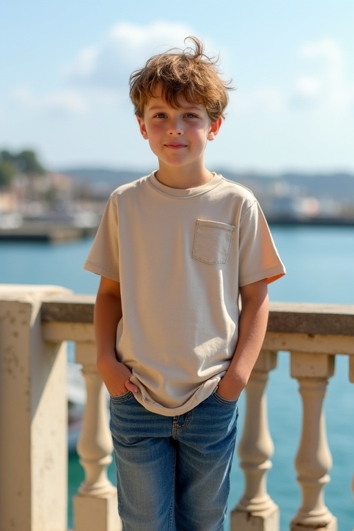 A young boy stands on a balcony. He wears a large natural-colored T-shirt and blue jeans. He has tousled short light brown hair. The boy poses with hands in pockets looking sweet. A sunny harbor in Normandy is visible in the background. The atmosphere is peaceful and quiet.