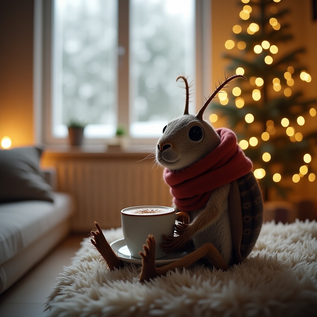 This image features a whimsical scene of a cozy winter home. In the foreground, an anthropomorphized cockroach, wearing a tiny red scarf, sits comfortably on a soft rug. It holds a cup of hot chocolate, with a happy and inviting expression. In the background, a beautifully decorated Christmas tree is visible, adorned with fairy lights. The window shows a serene view of falling snow, enhancing the winter ambiance. The warm lighting and soft textures create a relatable and lighthearted atmosphere, perfect for a festive Instagram post.