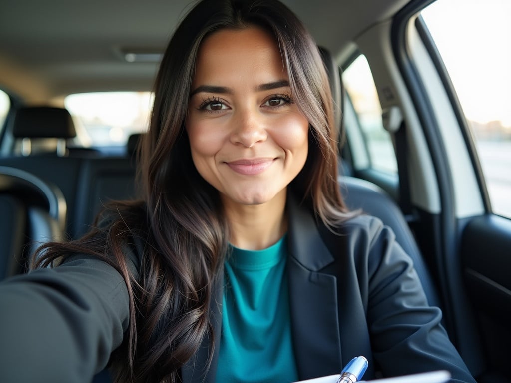 Person sits in car taking selfie. Sunlight creates highlights in hair. Wearing black jacket over green top. Subtle expression looking at the camera. Car seat visible in background. Clean car interior. Woman holding clipboard and pen. Exuding confidence and professionalism.