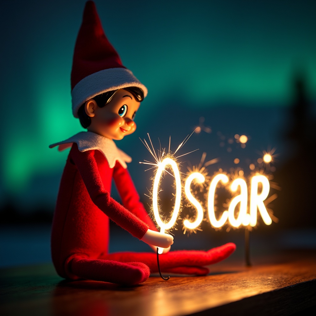 This image features an elf on the shelf character, dressed in traditional red and white attire. The elf is holding a glow stick that forms the name 'Oscar' in bright, soft light. The background is dark, enhancing the glowing effect of the text. It creates a warm, festive atmosphere, embodying the joy of the holiday season. The scene evokes feelings of magic and cheer associated with Christmas celebrations.