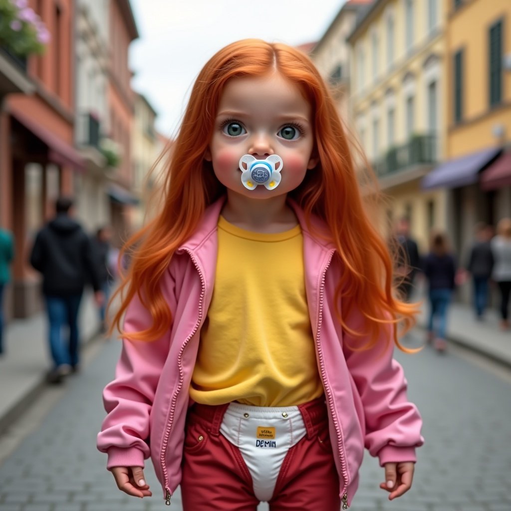 A girl with long red hair and emerald green eyes wears a yellow t-shirt, pink jacket, and red jeans. She has a pacifier and is enjoying a day out with family and friends.