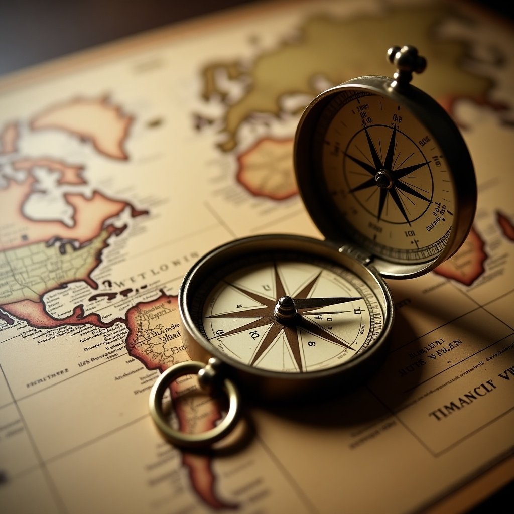 An antique compass is opened on a detailed historical map. The map shows intricate designs and aged look. The compass has a vintage style with a needle pointing north. Soft warm lighting adds nostalgia to the scene, highlighting exploration and adventure.