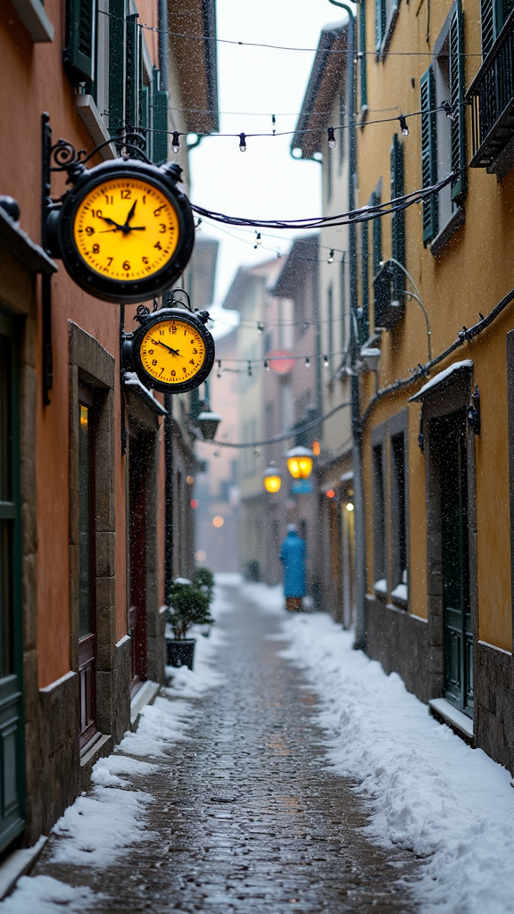 A narrow alleyway with snow on the ground and vintage clocks glowing warmly on the walls.