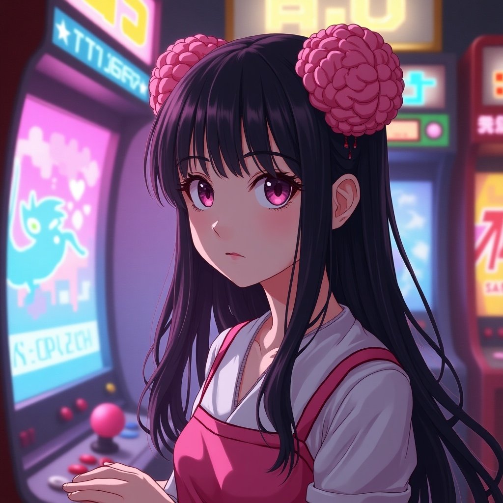 This image features a girl inspired by the anime aesthetic, standing in front of a 1990s arcade machine. She has long black hair and is wearing a seifuku, typical of Japanese schoolgirls. Her hair accessories are large and pink, resembling brains, adding a quirky touch to her look. The arcade machine displays a classic video game character, creating a nostalgic atmosphere reminiscent of the gaming culture of the 90s. The overall soft lighting enhances the charm of this high-definition digital artwork, making it perfect for fans of retro games and anime.