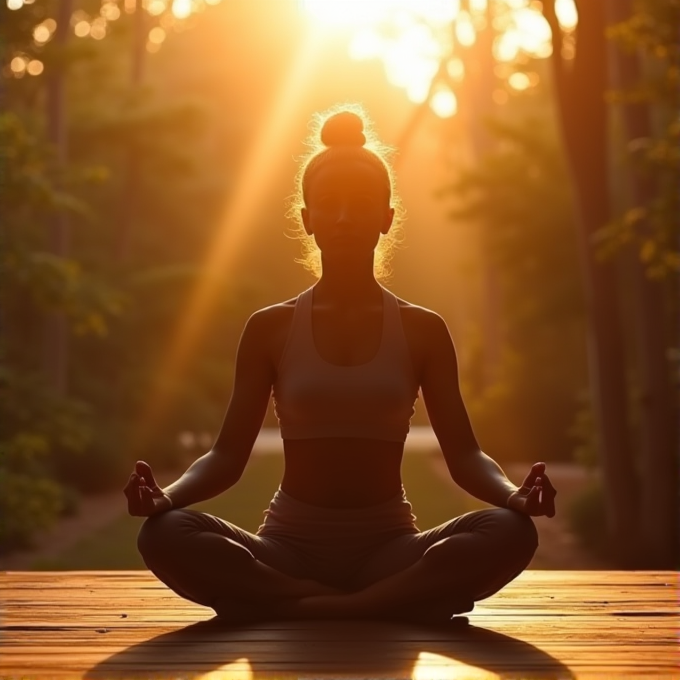 A person is meditating outdoors in a serene forest setting during sunrise.