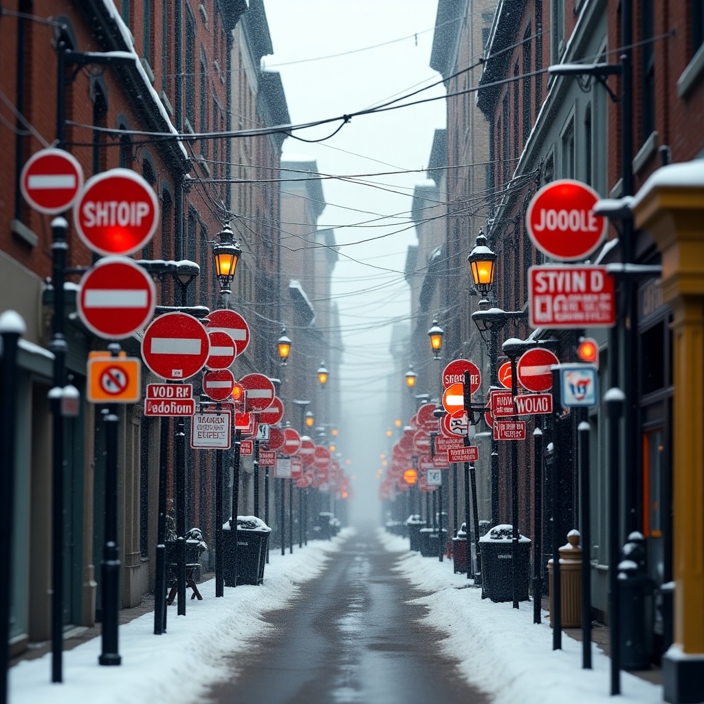 The image depicts a narrow street lined with numerous red road signs, including stop and directional signs. Snow is falling gently, creating a serene winter atmosphere. Street lamps illuminate the alley, enhancing the contrast of the bright signs against the soft snow. The scene captures a cluttered yet interesting urban landscape. It invites viewers to explore the unique combination of signage and winter elements.