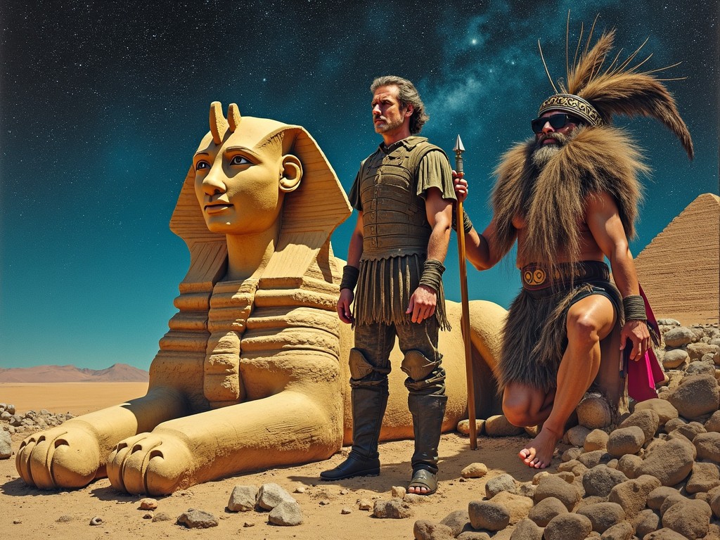 Two ancient warriors standing in front of a desert Sphinx under a starry night sky