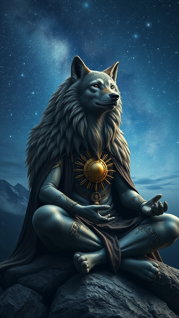 This digital artwork features an anthropomorphic wolf figure sitting in a meditative pose atop a rocky ledge. The figure is characterized by a serene expression, with a celestial garment and a sun-like emblem on its chest, suggesting themes of wisdom and spirituality. The background is a starry night sky, adding a mystical and cosmic atmosphere to the scene.