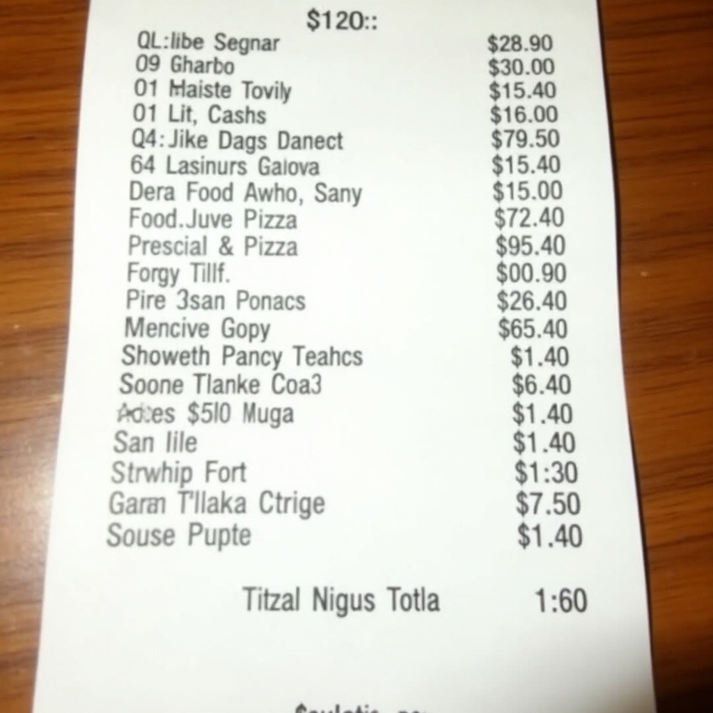 Image of a receipt listing various food items purchased at Little Caesars. Receipt from a location in Detroit, Michigan. Total payment amount displayed as $120 in cash. Printed on thermal paper typical of fast food establishments.