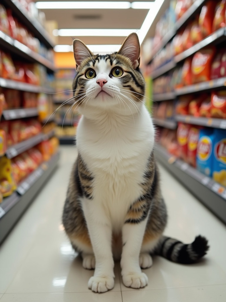 Image of a cat sitting in a grocery store aisle. The cat looks up at the camera with curiosity. Shelves stocked with various flavors of chips are visible in the background. A bright grocery store environment enhances the scene. The cat features a white and gray fur pattern and sits proudly on the floor. The image captures a low angle which highlights the cat's presence in the aisle.