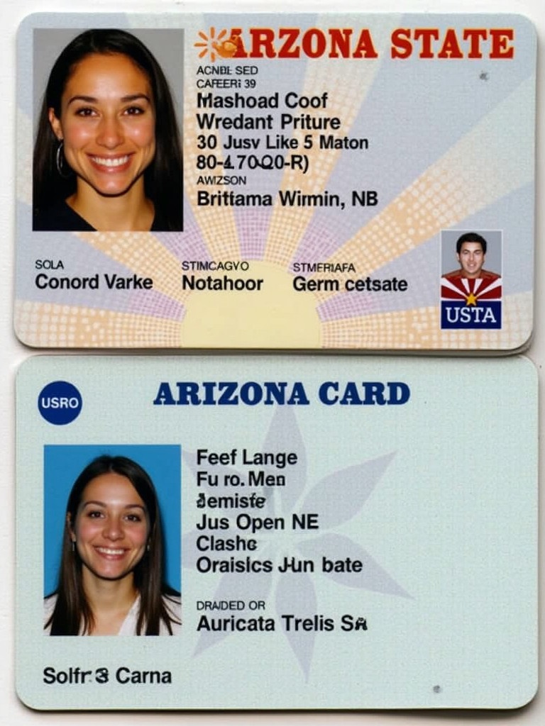 Arizona state identification card displayed. Captures front and back of the card. Features various personal information areas. Cards are colorful with official text. State logo and cardholder's details visible. Photographic representation of ID design.