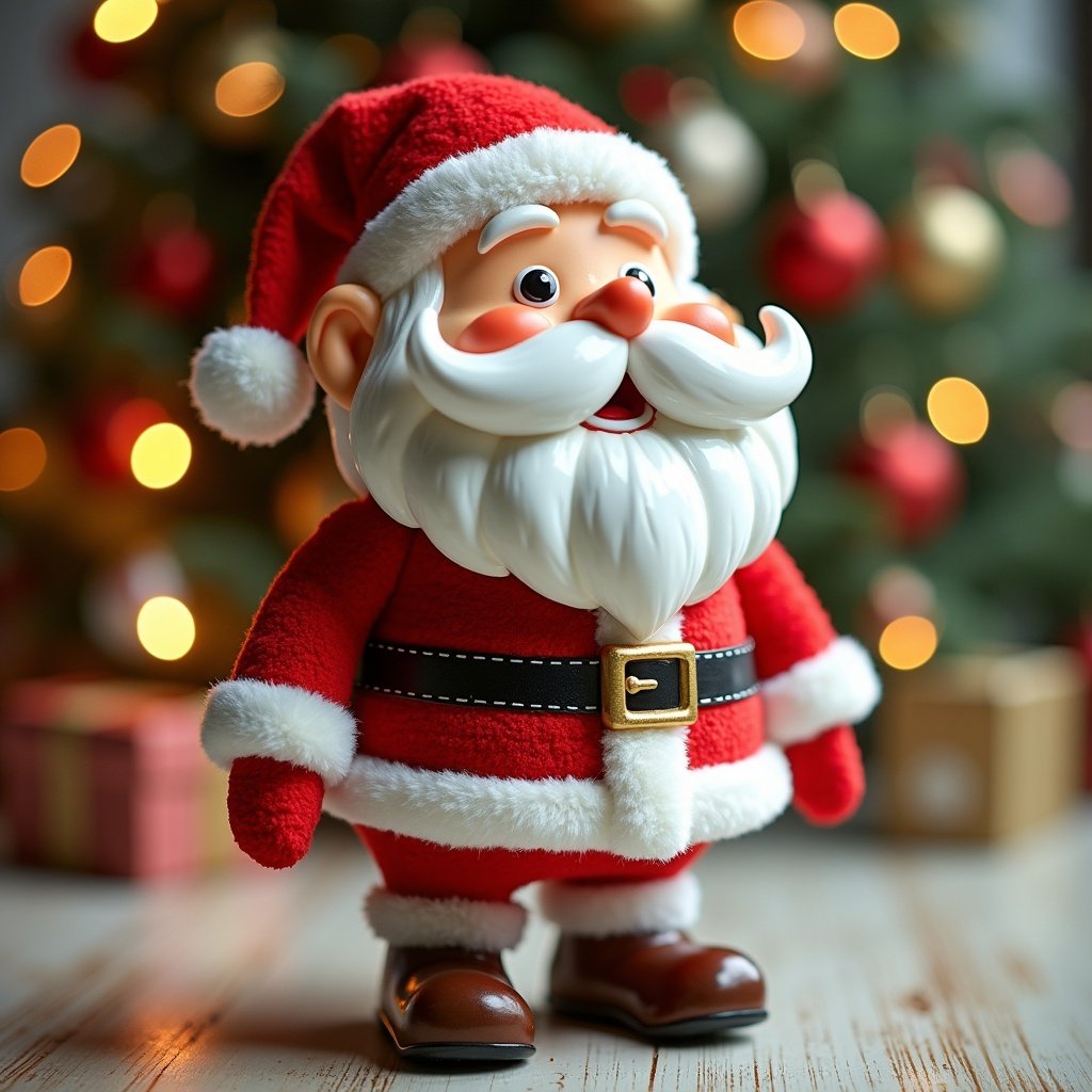 Christmas toy with humorous features. Adorable Santa figure smiling with a fluffy beard and red costume. Background features festive decorations and soft lighting.