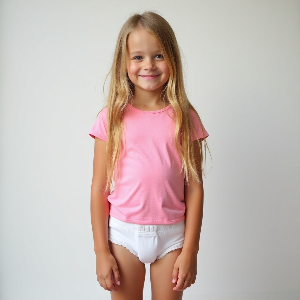 Image features seven year old girl with long blonde hair. She is wearing a fitted pink t-shirt and white diaper.