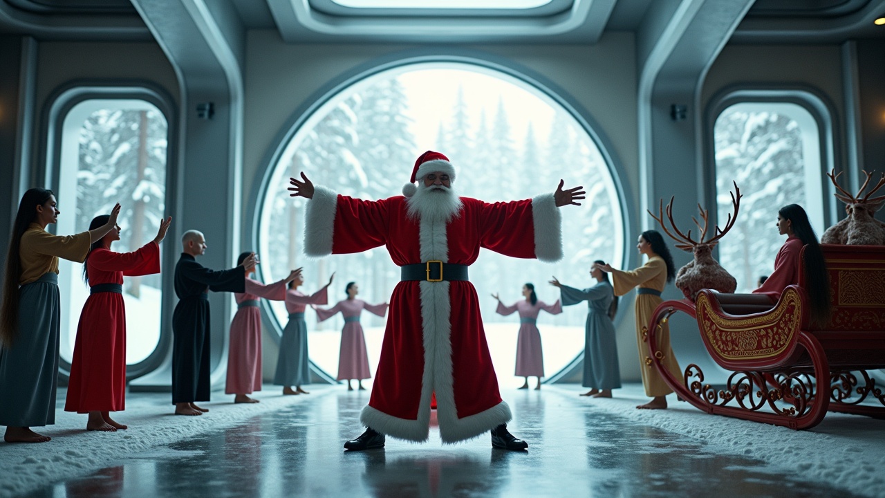 Cinematic image of Santa Claus in a modern room. He stands with open arms celebrating. Diverse individuals practice tai chi around him. Snowy woods are visible through large openings. A sleigh with reindeer is parked nearby. Wide shot conveys a joyful and inclusive atmosphere.