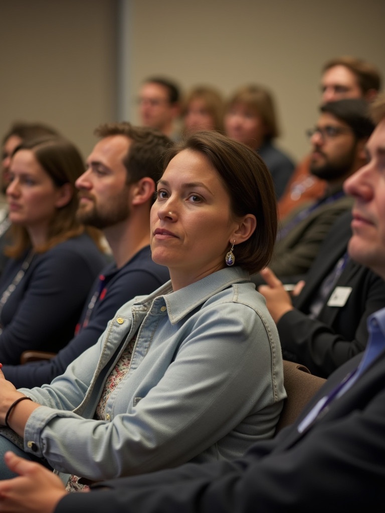 Group of people sitting in a classroom. Audience listens intently. One person is holding a smartphone. Attendees show engagement. Setting is formal and educational.