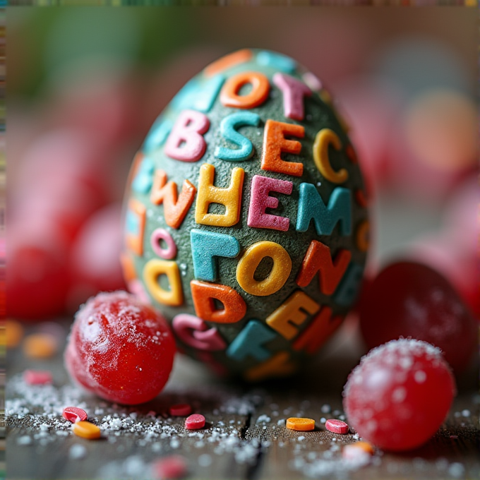 A decorated chocolate egg with colorful alphabet letters and red candies scattered around.