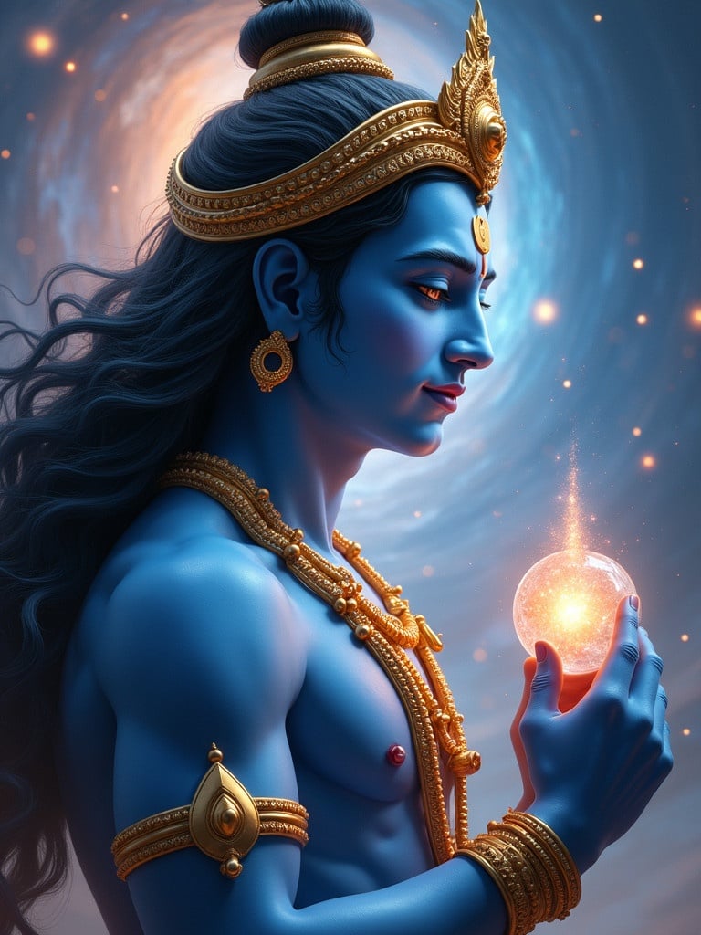 Realistic side-angle view of Lord Vishnu in a dynamic pose. Holding celestial symbols. Sharp yet calm eyes with a subtle glow. Serene expression. Golden ornaments and glowing blue skin enhance divine aura. Swirling galaxy background with glowing orbs.