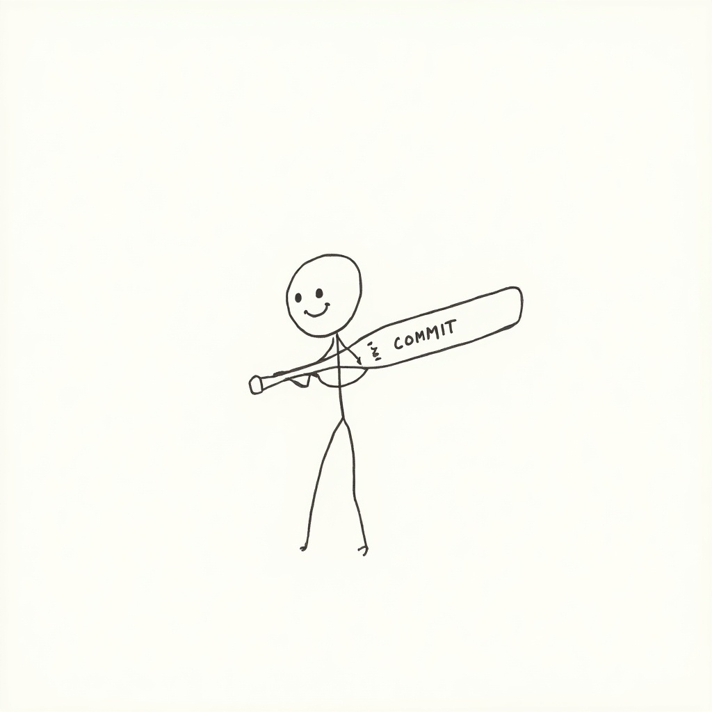 Doodle of a stick figure smiling and holding a baseball bat labeled 'COMMIT'. Focus on positivity and determination. Minimalistic design with basic lines and shapes.