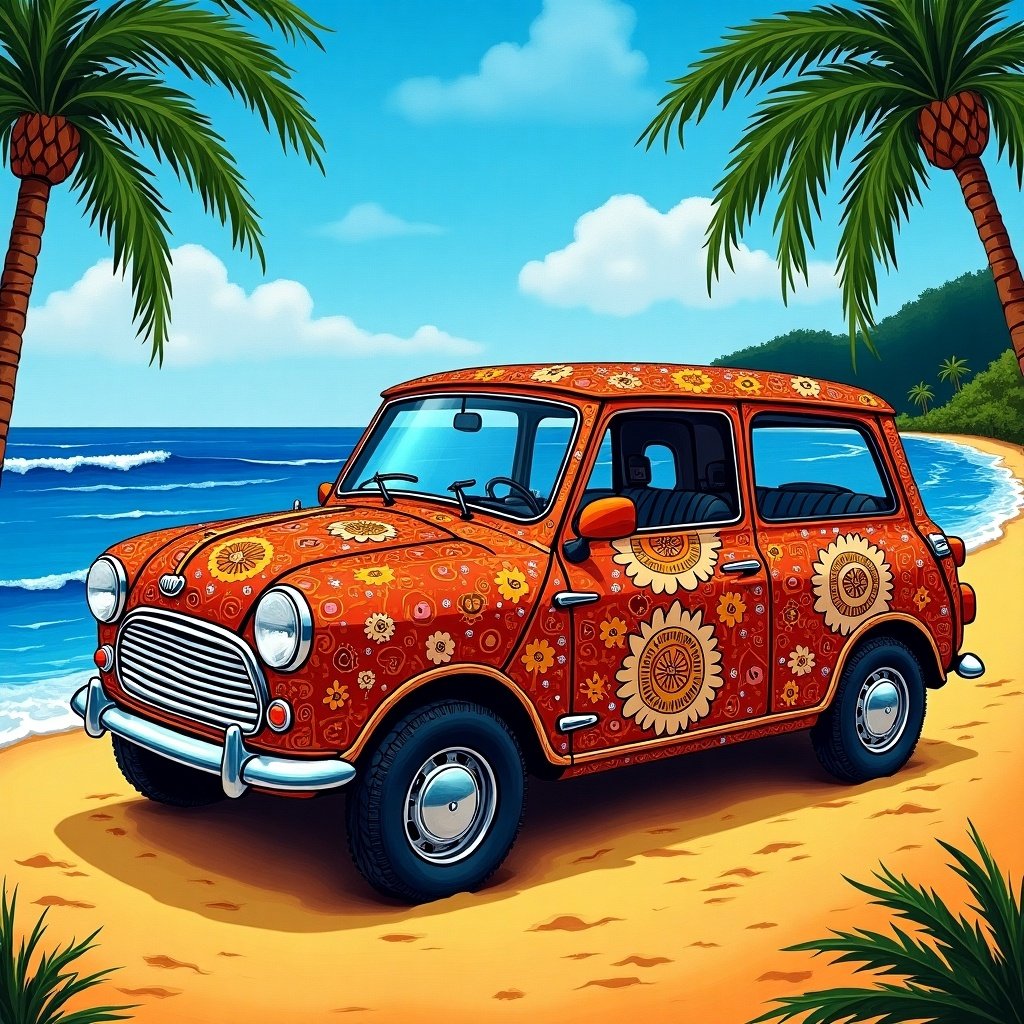 A decorated car parked on a beach surrounded by palm trees. The car exhibits intricate Madhubani art patterns. Vibrant colors against a clear blue sky.