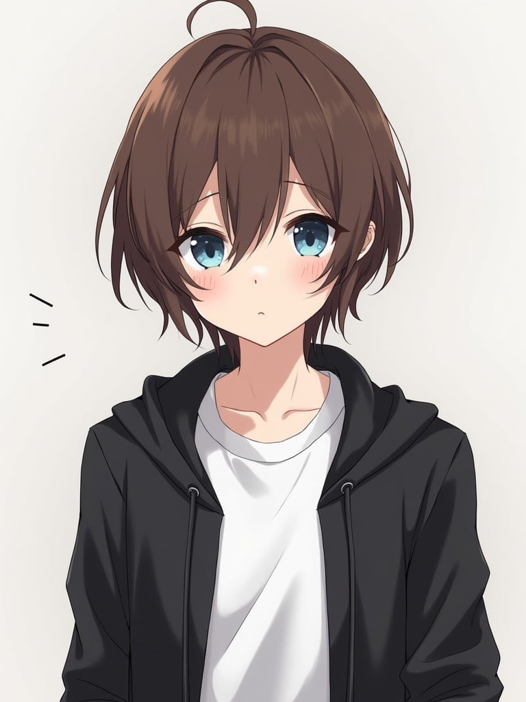 Anime boy character design features brown hair and blue eyes. Wears a white t-shirt with a black jacket. Showcases a contemporary style in digital art format.