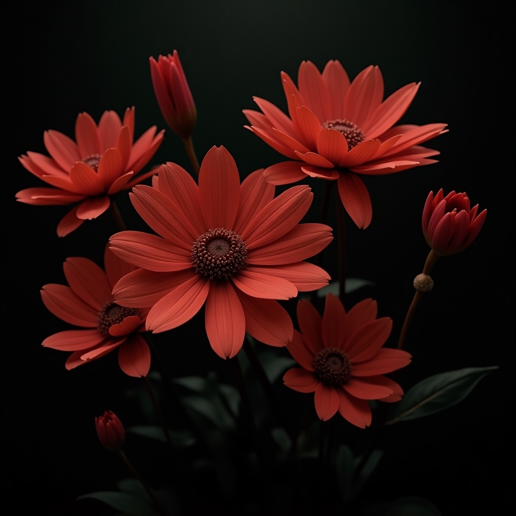 Image features a group of flowers in a surreal reddish hue. Background is dark and contrasts with the vivid flower colors. Some flowers bloom fully while others remain closed. Foreground showcases a flower with detailed center. Atmosphere feels eerie and somber, hints at deeper narrative. Text overlay reads, 'Yuya will die,' adding to the ominous theme. Overall, nature blends with unsettling message creating thought-provoking visual.