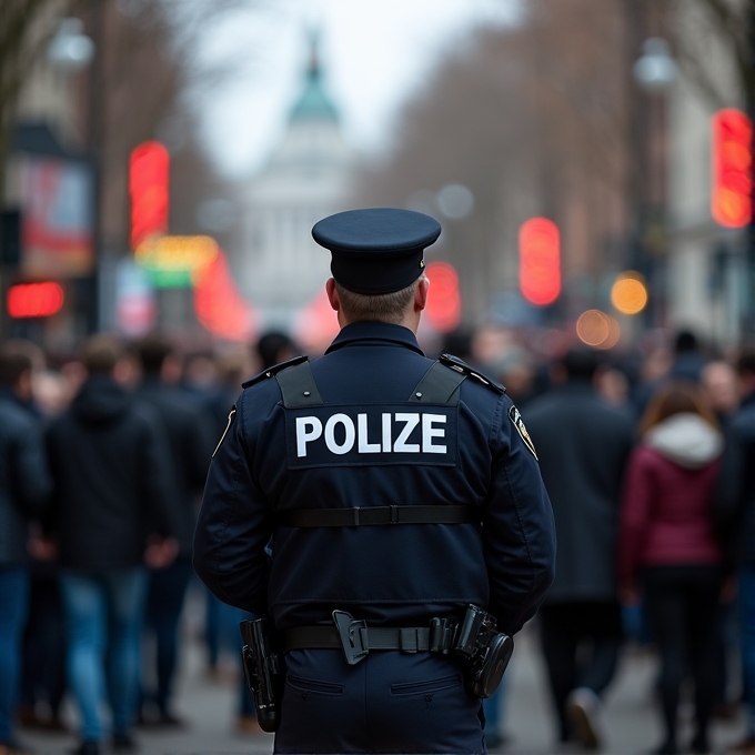 A police officer in uniform faces a crowd on a busy city street.