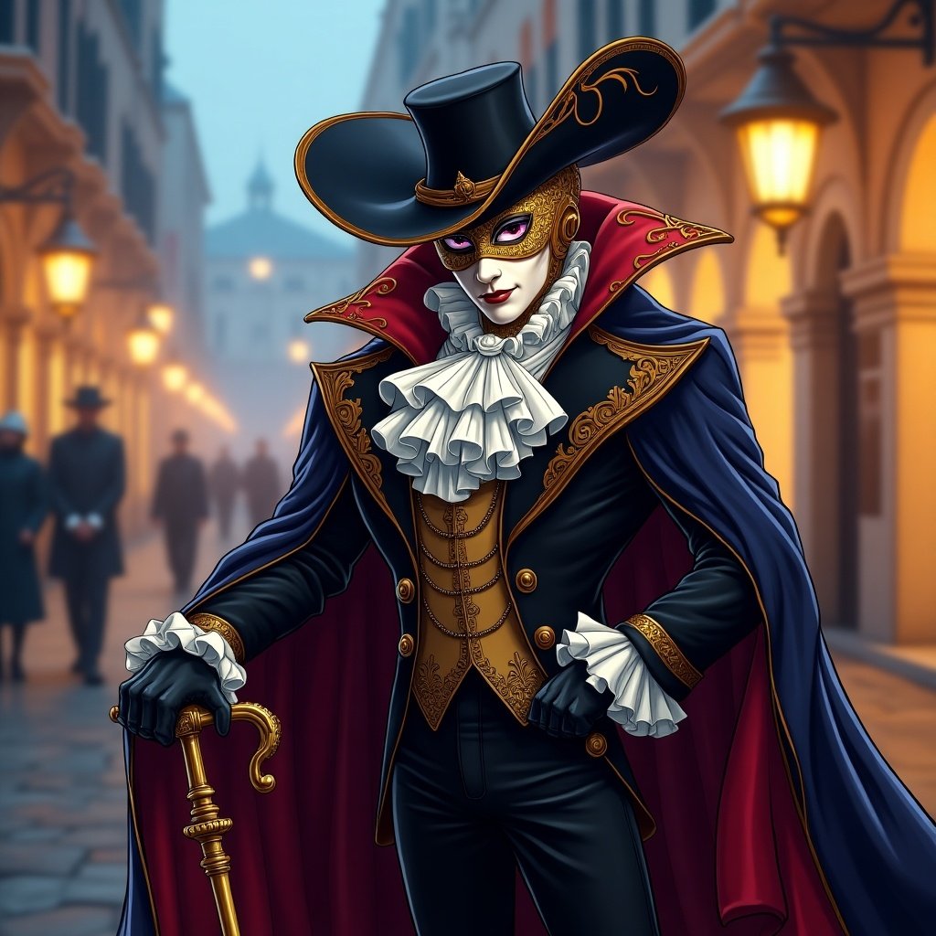 Create a character inspired by traditional Venetian masquerade. Character wears an elaborate mask with intricate designs, including a monocle. Costume features a cape, doublet, and ruffled collar, evoking 18th-century Venice with an animated twist. Dramatic stance with a cane captures intrigue. Background hints at Venetian architecture with lanterns.