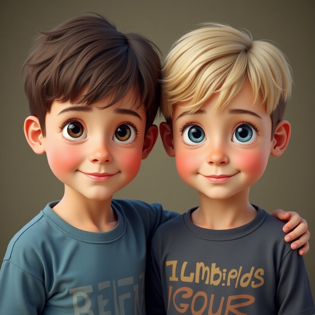 Image shows two young boys. One boy with brown hair and brown eyes, around six years old. The other boy has dirty blonde hair and blue eyes, approximately three years old. The boys are standing together with arms around each other's shoulders.