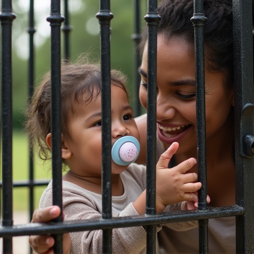 Mother and daughter interact playfully outdoors. Medieval metal cage in the background. Daughter holds a big pacifier. Bright and sunny day. Family scene.