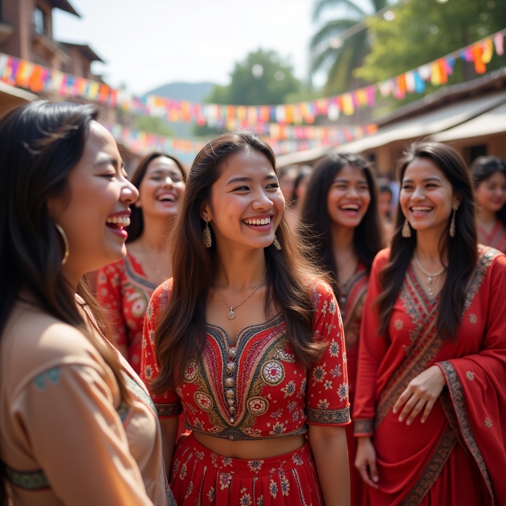 Group of women in traditional attire laughing and celebrating outdoors with colorful decorations in the background.