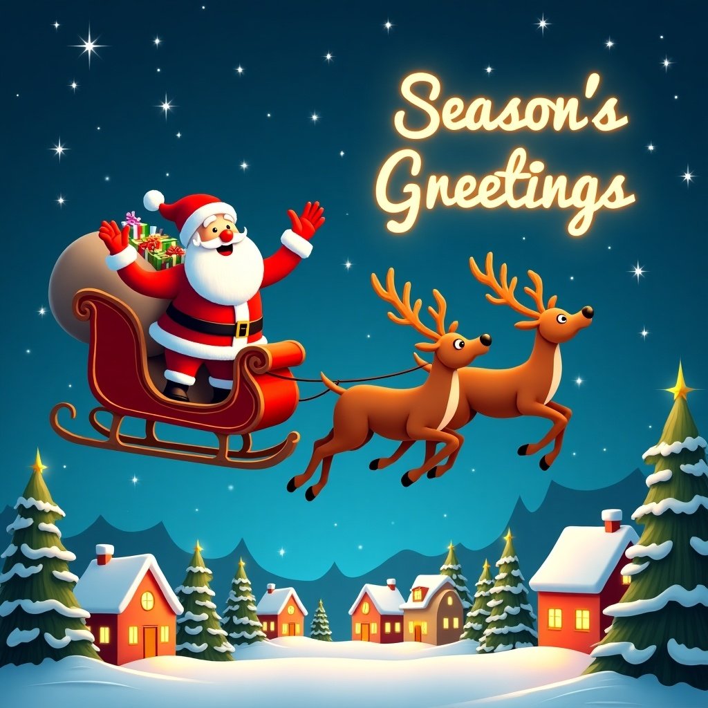 Festive Christmas scene with Santa Claus riding in a sleigh pulled by reindeer. Night sky filled with sparkling stars. Santa waving joyfully with gifts. Below a charming snowy town with decorated Christmas trees. 'Season's Greetings' displayed in shimmering letters. Cheerful warm mood embodies holiday spirit.