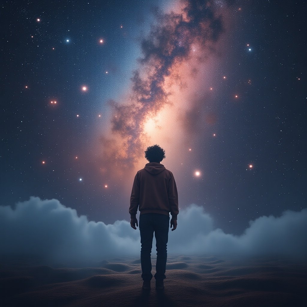 A person is depicted walking away against a mystical galaxy background. The scene conveys a sense of cosmic wonder with stars and colors blending. This evokes feelings of introspection and emotional distance.