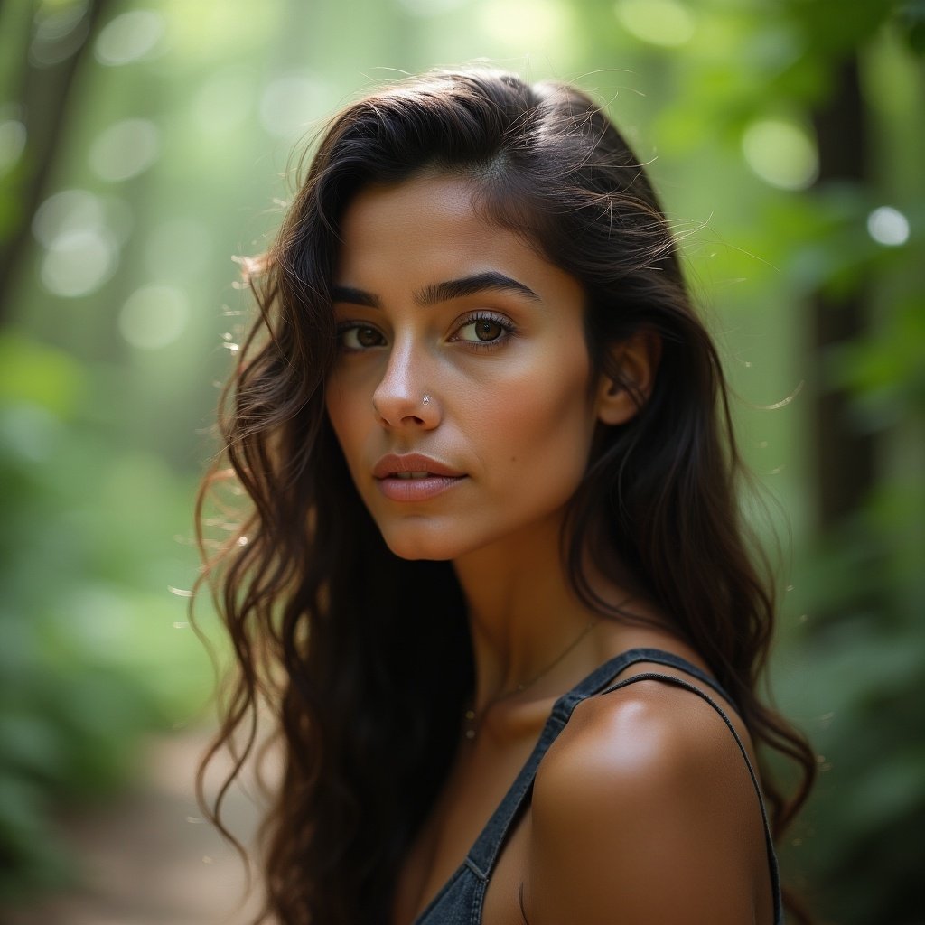 A woman with long, wavy hair. She stands in a green, lush environment. Natural light creates a soft glow, highlighting her features despite a blurred face.