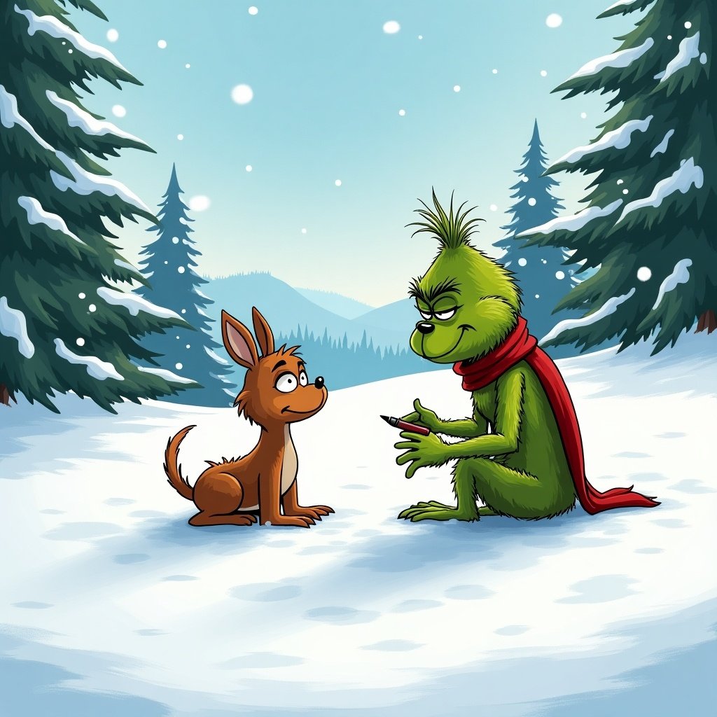 Grinch sitting in snow writing Kiara. Scene shows snow-covered hills evergreen trees. Grinch is green and has a red scarf.