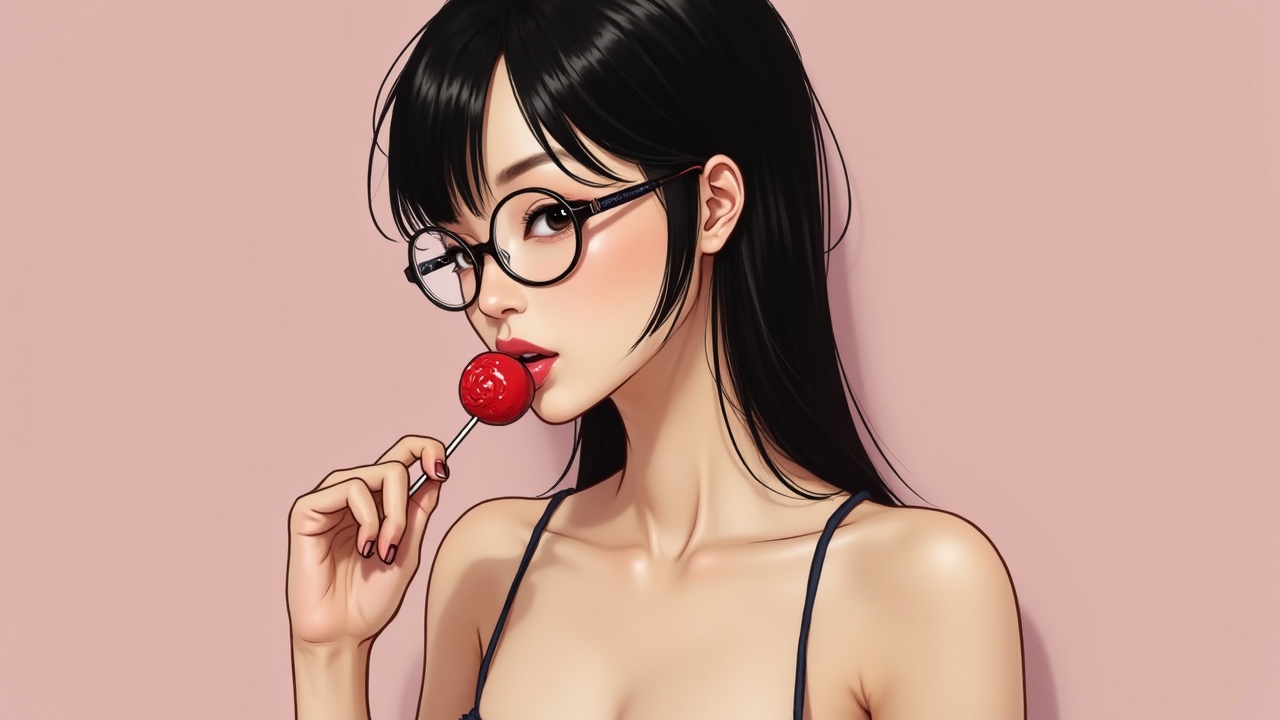 An anime-style depiction of a girl with glasses savoring a lollipop.