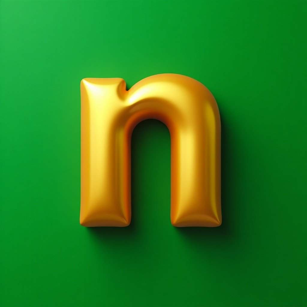 3D lowercase letter 'n' in gold color placed on a green background.