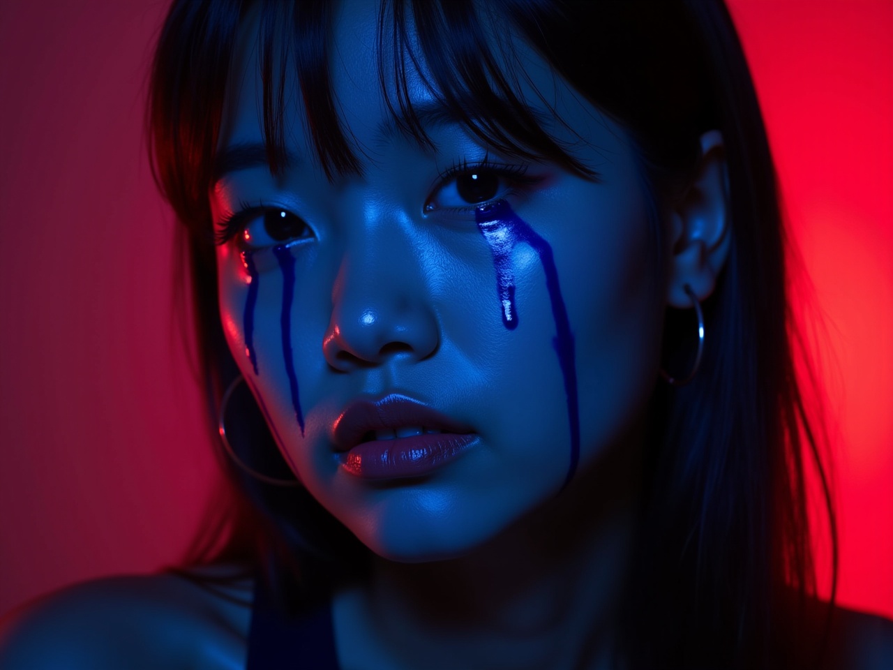 A striking portrait showcases a young woman with distinctive artistic features. Her face is illuminated by dramatic blue and red lighting, enhancing the emotional depth of the image. Blue paint drips down her cheeks, creating an intense visual effect. She has a blunt hairstyle that adds to her artistic persona. The overall composition draws the viewer’s attention to her expressive face, marked by a unique blend of colors and emotions.