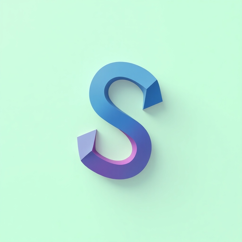 Minimalist logo design featuring letter S. Gradient blending blue and pink. Interlocking shapes. Light green background. Subtle shadow creating 3D effect. Sleek and professional look.