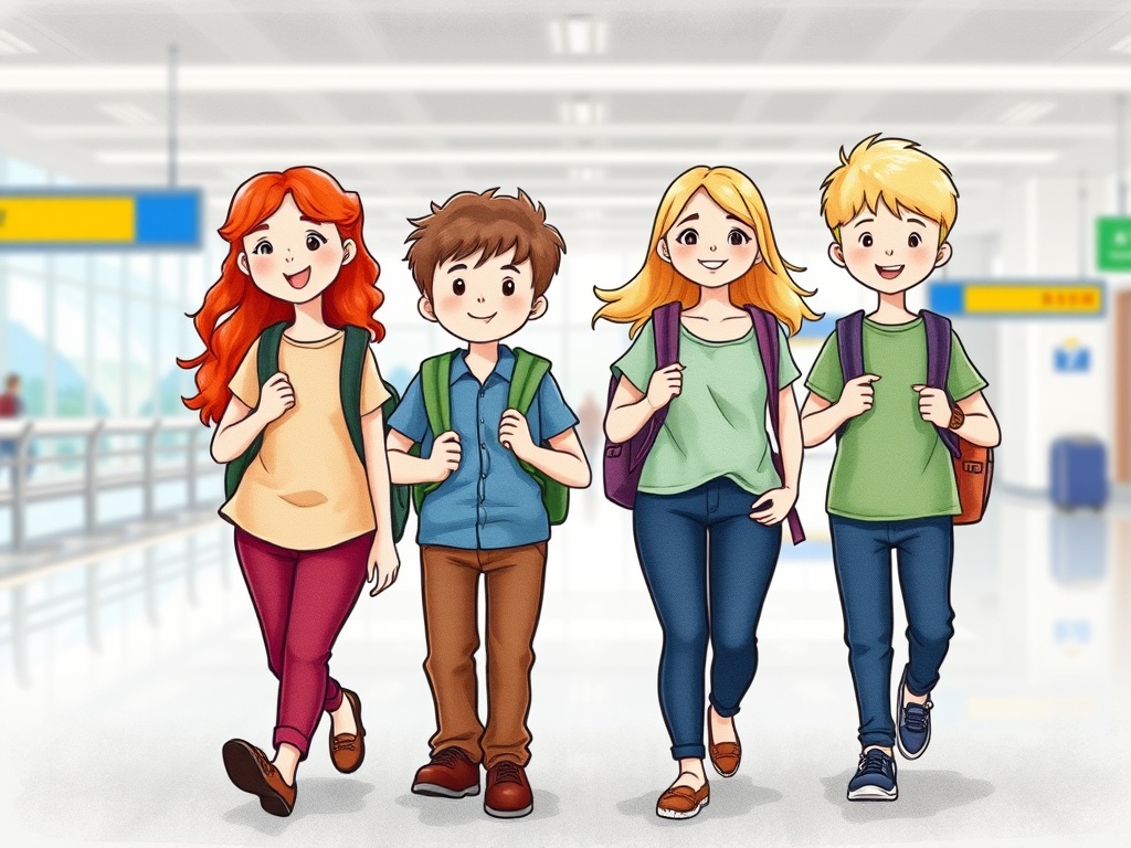 This image depicts a vibrant illustration of four children walking confidently in an airport. Each child is carrying a backpack, suggesting they are about to embark on a journey. The illustration is cheerful, with bright colors and smiling faces, conveying a sense of adventure and excitement about travel.