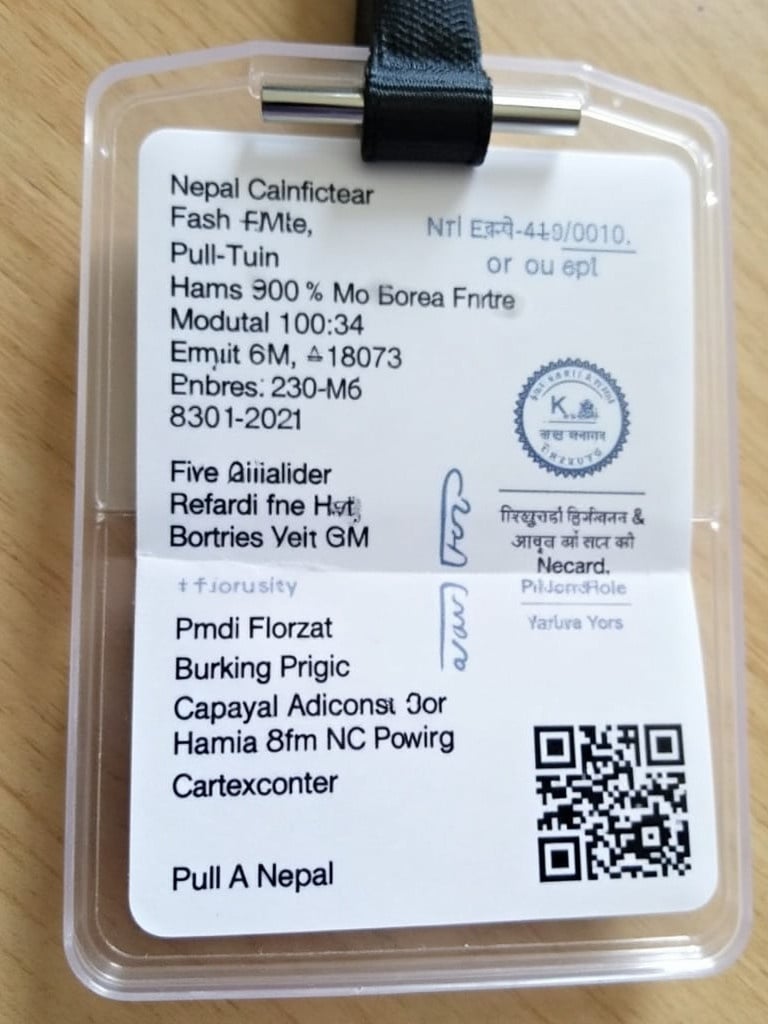 ID card from Nepal showing identification details. Card has official information and a QR code. Appears suitable for professional contexts.