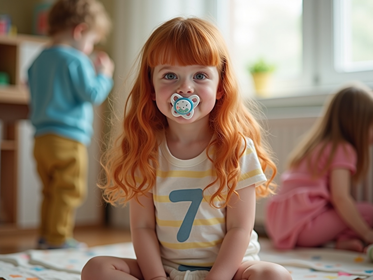 The image features a seven-year-old girl with long, wavy red hair and a pacifier in her mouth. She is wearing a comfortable t-shirt with the number 7 on it, alongside a diaper discreetly covered by her shirt. The child is sitting on a colorful play mat, looking directly at the camera with a cheerful expression. In the background, there are two other children engaged in play, creating a lively daycare setting. The atmosphere is bright and inviting, showcasing the joy of childhood in a daycare environment.