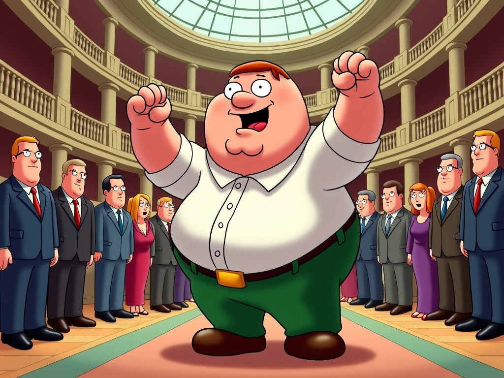 The image features a cartoon character named Peter Griffin standing confidently in a grand hall surrounded by a crowd. The setting resembles a political or formal event with well-dressed people in the background. Peter is smiling widely with his fists raised in a celebratory manner, showcasing his lively personality. The architecture indicates a classic design with columns and a dome ceiling, creating an atmosphere of importance. This scene conveys humor and a sense of parody of the political landscape.