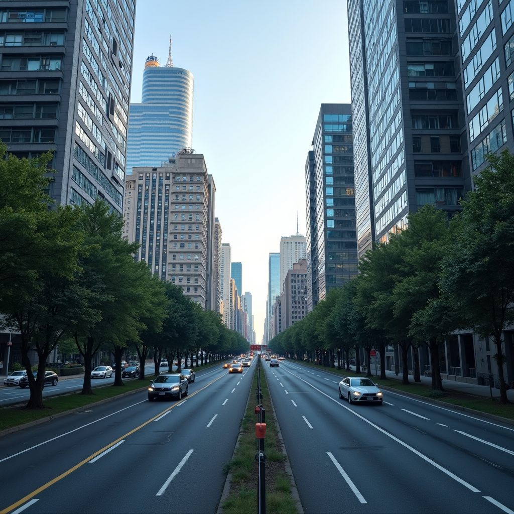 A wide boulevard in a city lined with towering skyscrapers and trees, with cars traveling along the road.